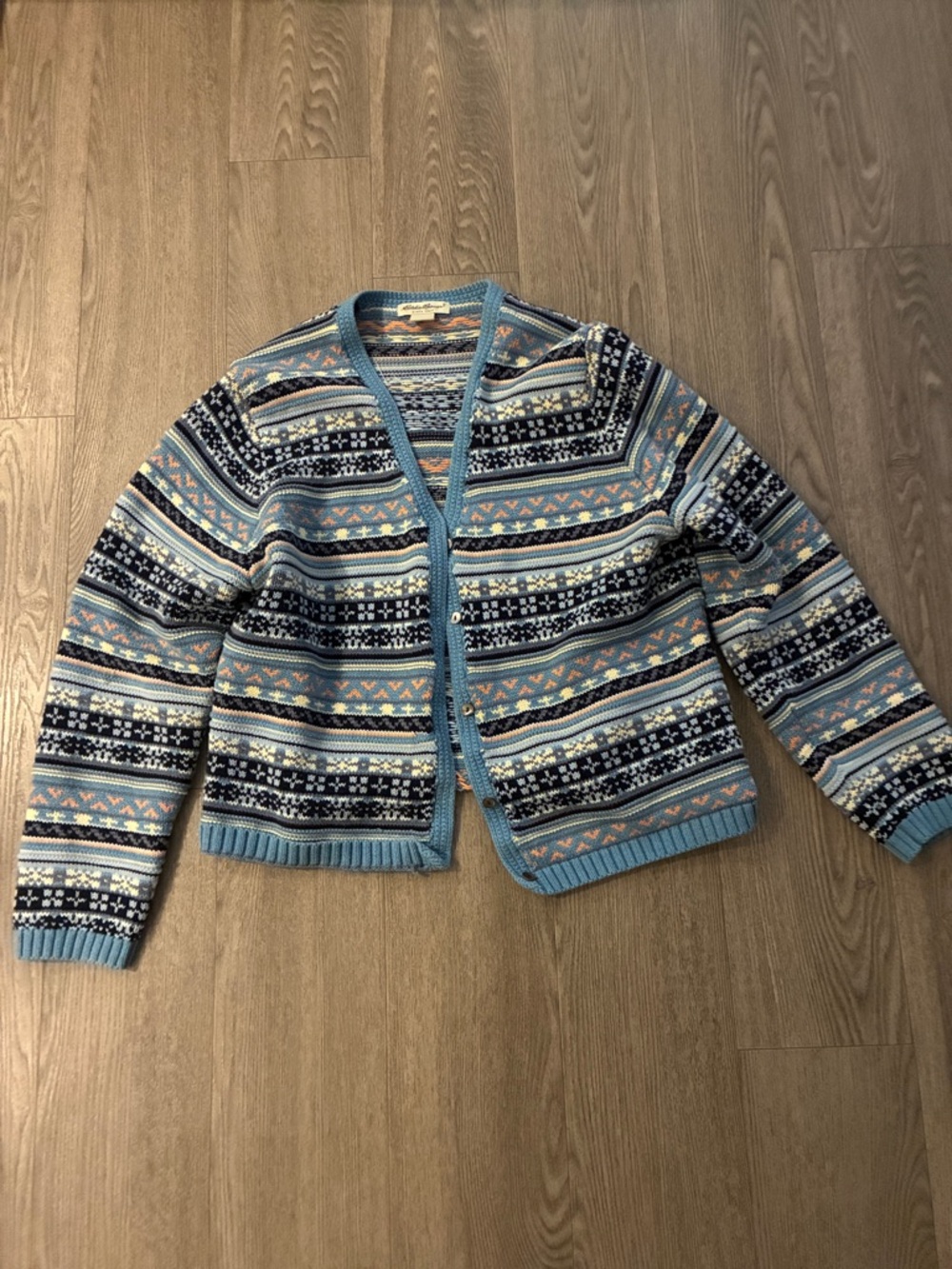 Eddie Bauer Light Blue Multi-Pattern Knit Cardigan